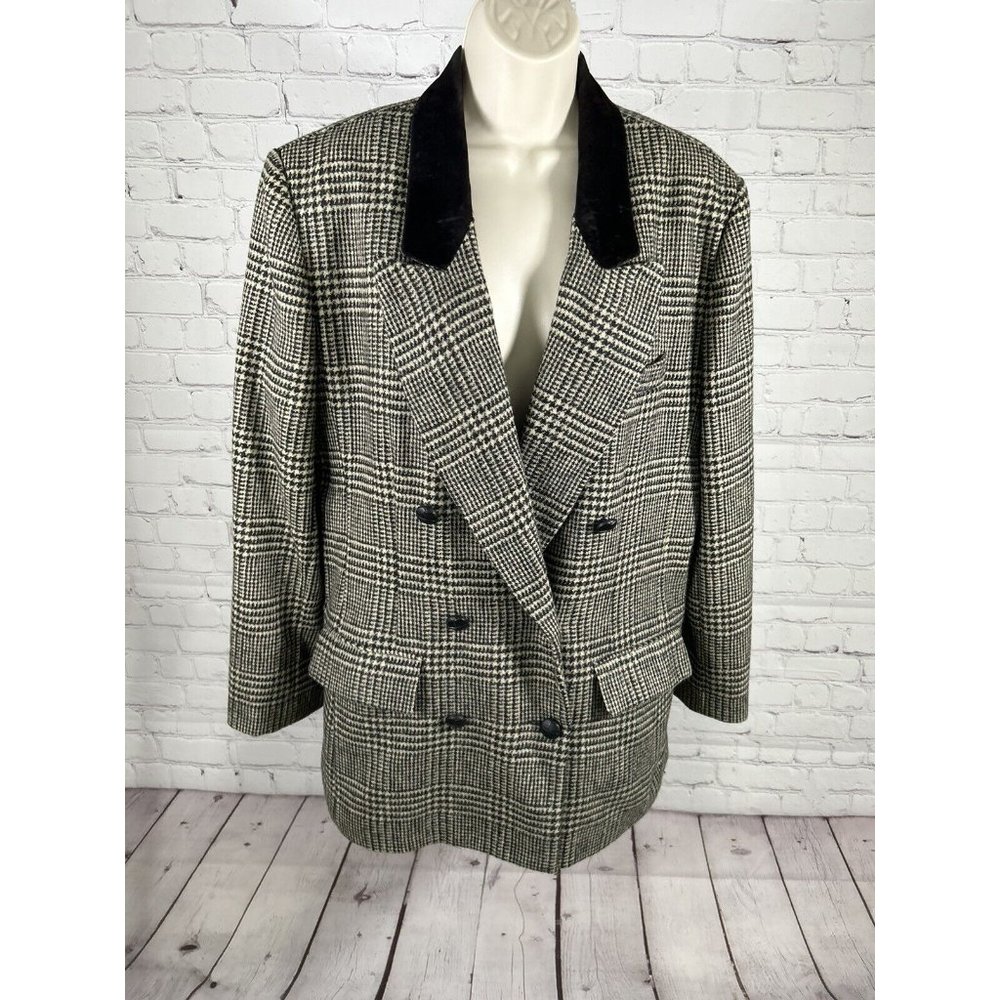 VTG Charles Klein Black Brown Plaid Double Breasted Peak Lapel Women’s Blazer L